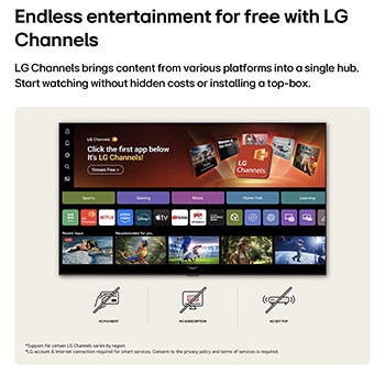 LG NANO 4K UHD AI nu70 home screen navigates into the LG Channels interface, with free live TV channels, movies, and exclusive content. It highlights direct access to hundreds of entertainment options with no payment, no subscription, and no set-top box required.